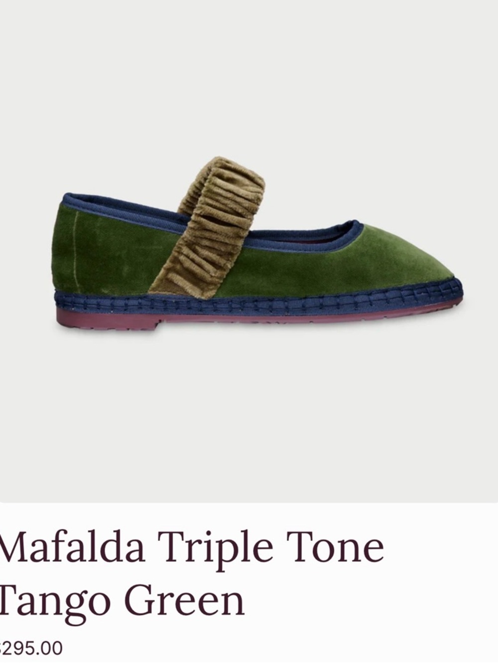Tango Green Velvet Mary Flat with Ruched Tan Strap